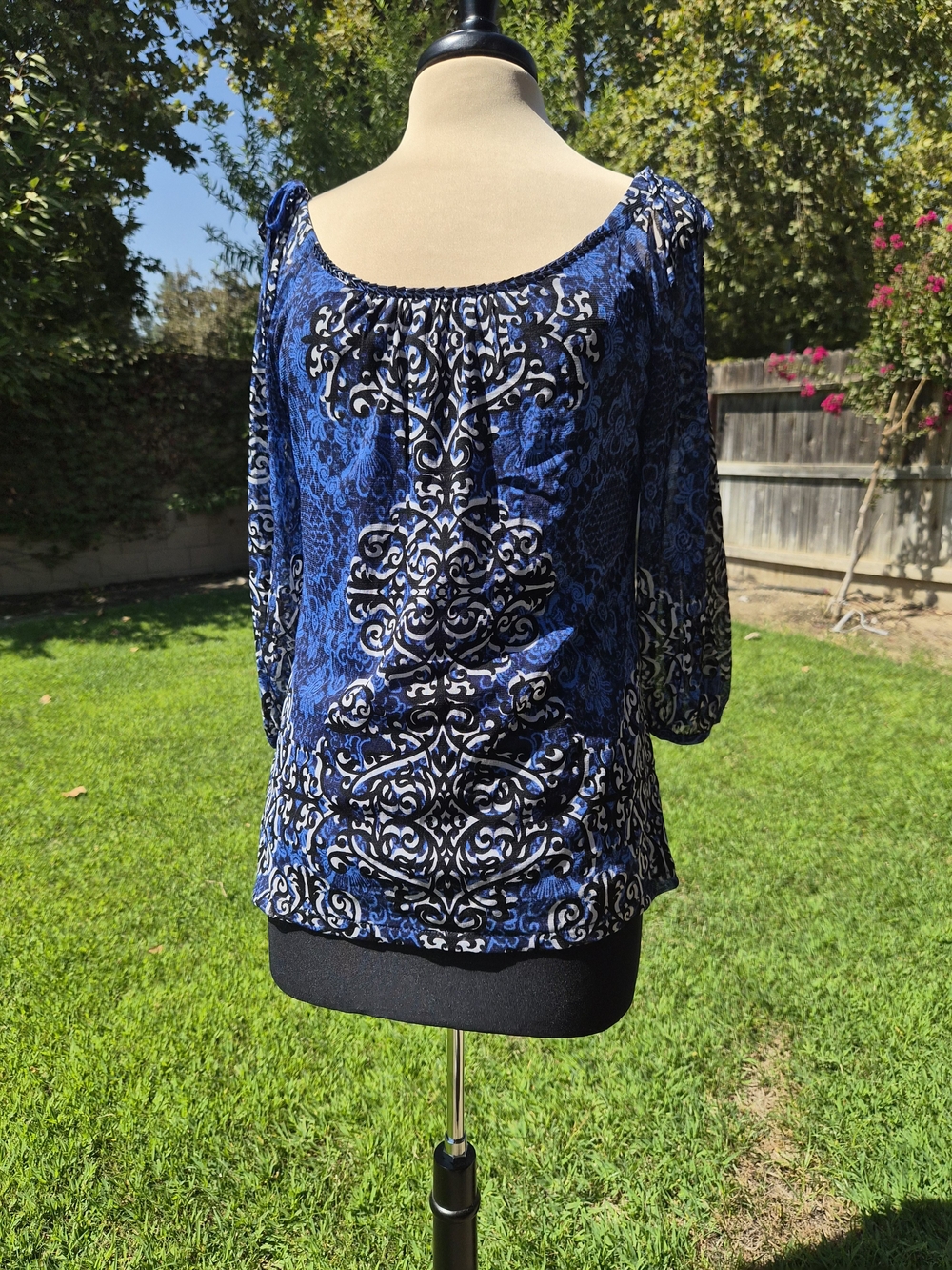 INC International Concepts Royal Blue Paisley Damask Mesh Blouse Size M #0509